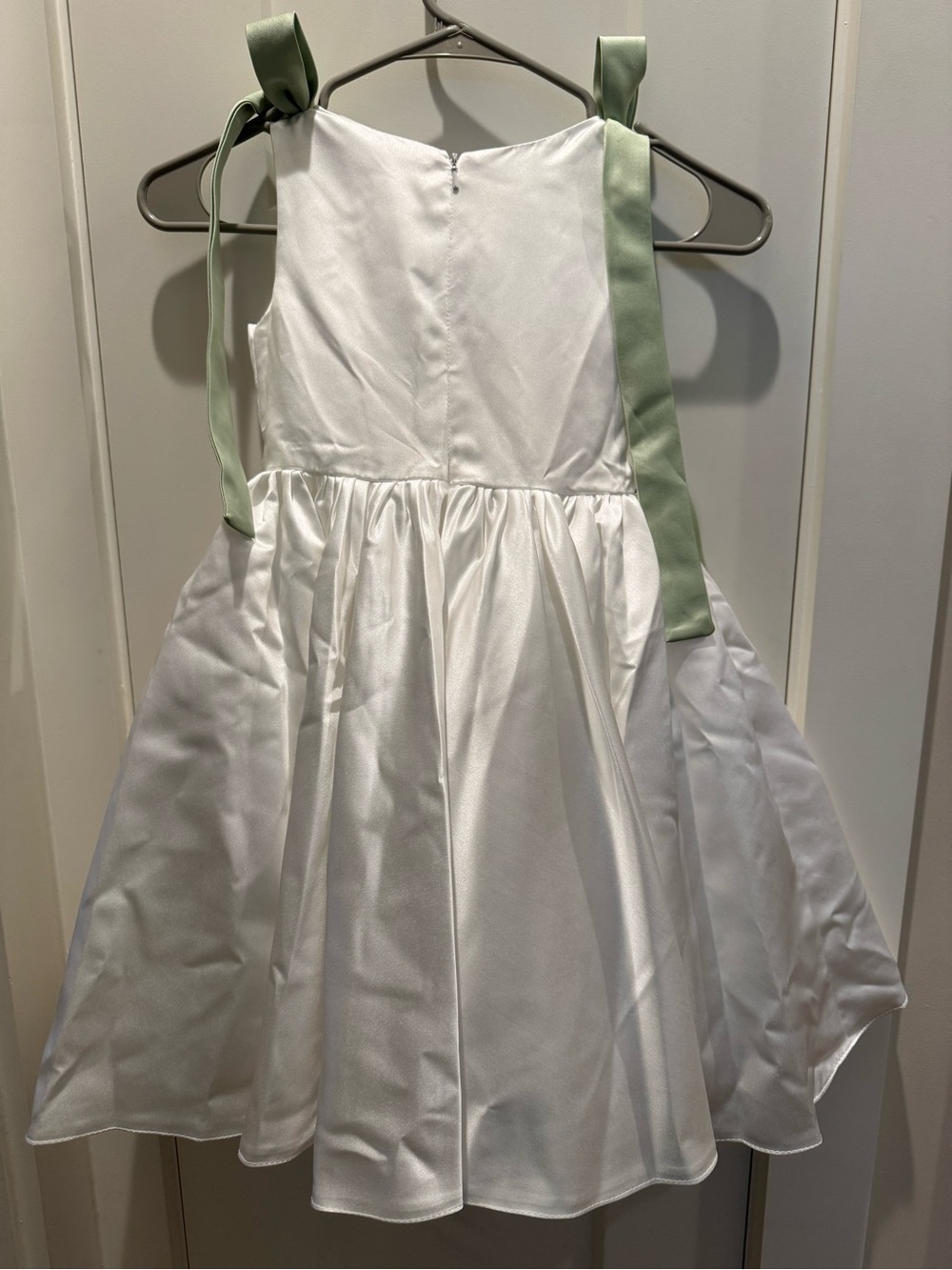 JJs House White Satin Flower Girl Dress with Sage Green Shoulder Ties